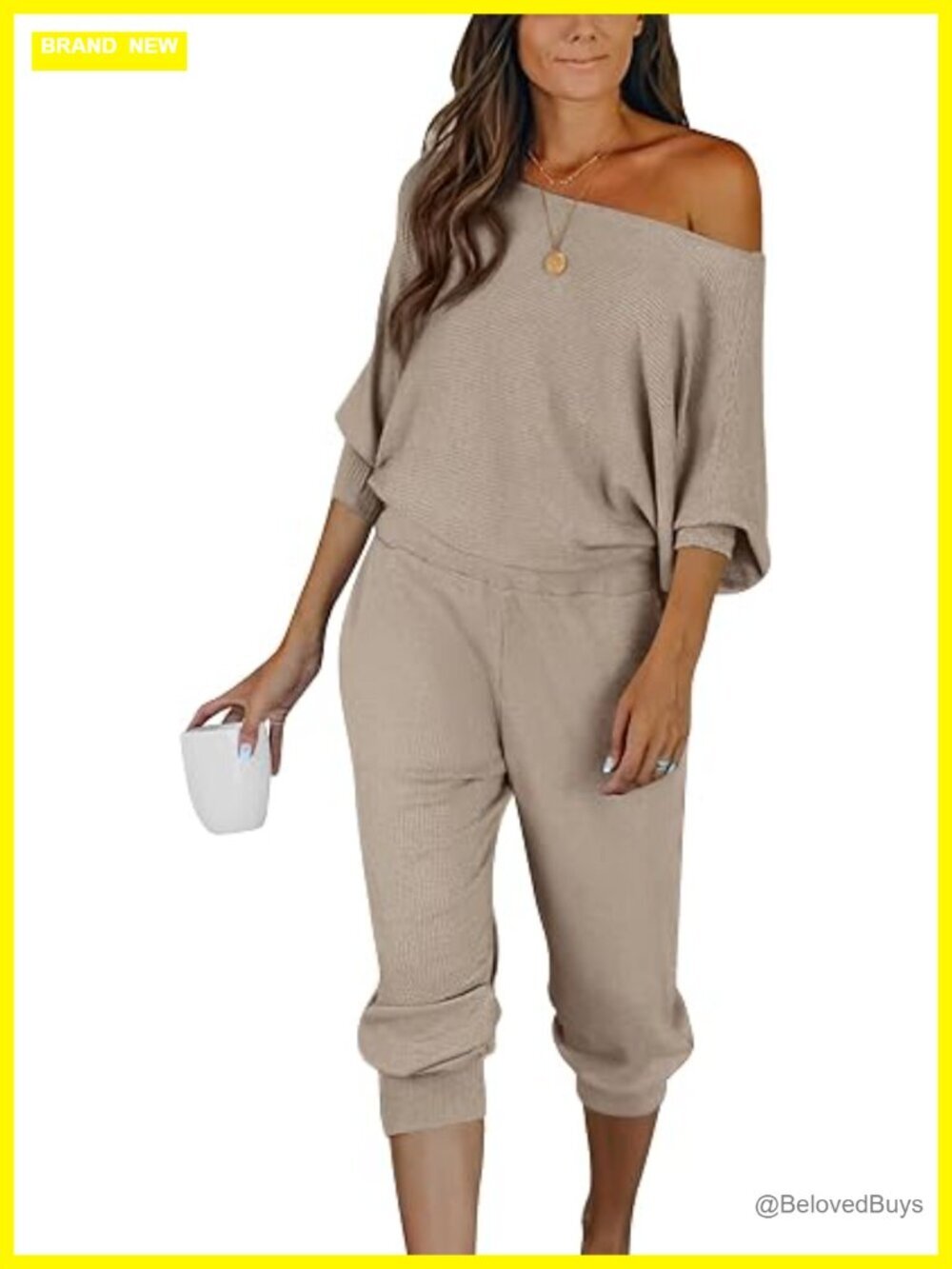 Two Piece Ribbed Knit Off Shoulder Top Lounge Pants Tracksuit Set